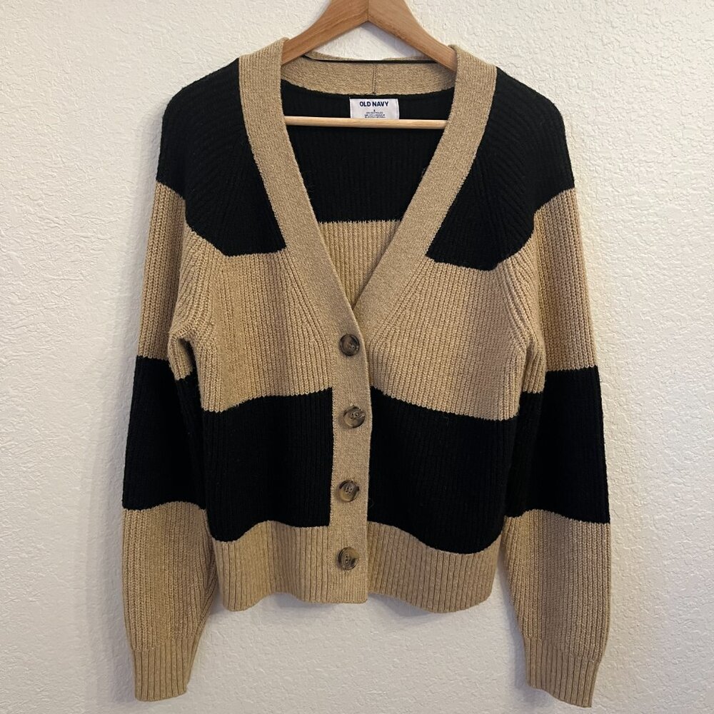 Old Navy Chunky Striped Boyfriend Cardigan S Black Tan Cotton Blend - Picture 2 of 7